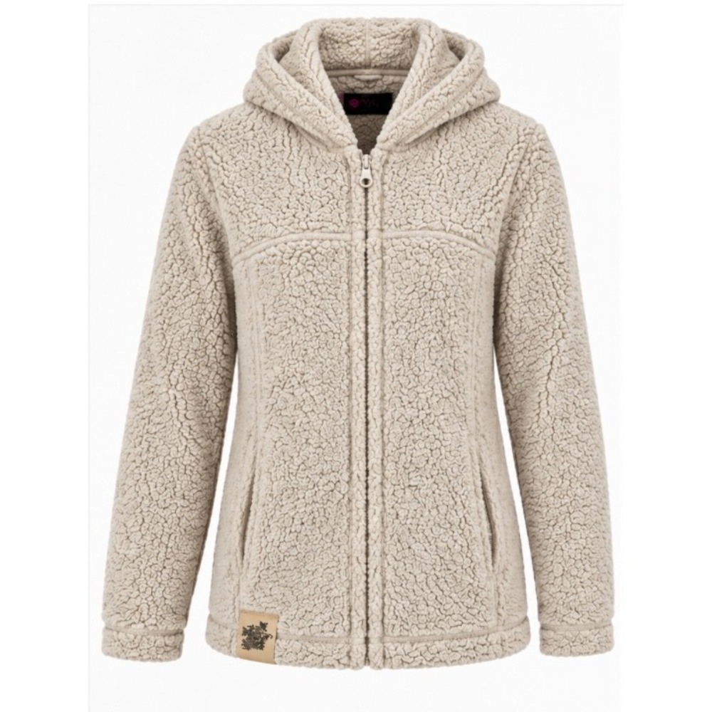 Life is Good Relaxed Fit Sherpa Hoodie Women M Beige Full Zip Fleece Jacket